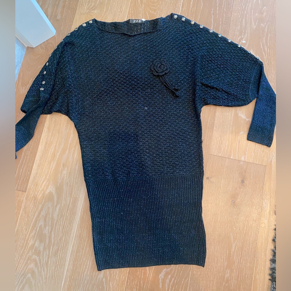 Vintage 80’s style knit dress black with blue lurex metallic highlights